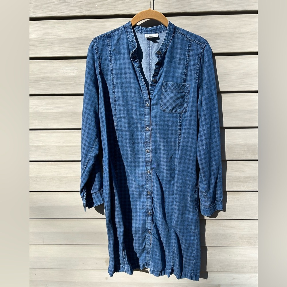 J Jill Denim M gingham plaid full button down jean dress preppy